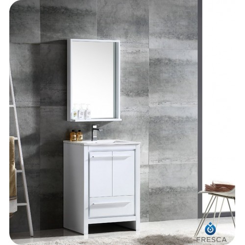Fresca FVN8125WH Allier 24" Modern Bathroom Vanity with Mirror in Glossy White