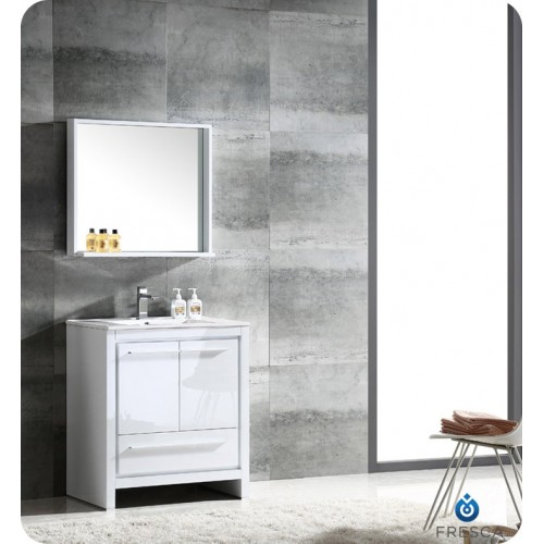 Fresca FVN8130WH Allier 30" Modern Bathroom Vanity with Mirror in Glossy White