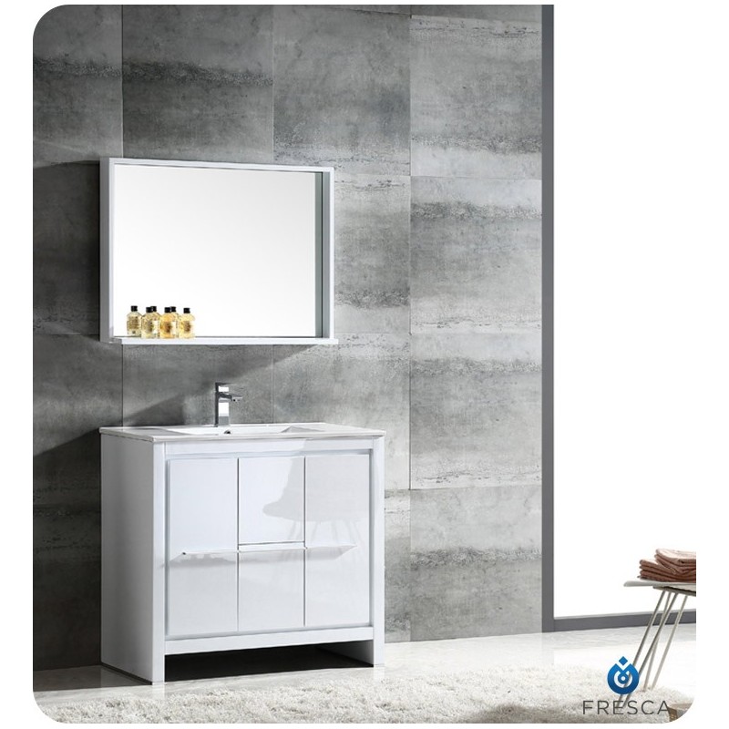 Fresca FVN8136WH Allier 36" Modern Bathroom Vanity with Mirror in Glossy White