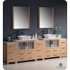 Fresca FVN62-96LO-VSL Torino 96" Double Sink Modern Bathroom Vanity with 3 Side Cabinets and Vessel Sinks in Light Oak