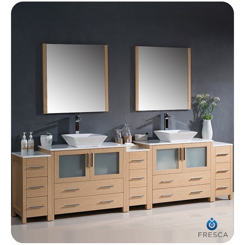 Fresca FVN62-108LO-VSL Torino 108" Double Sink Modern Bathroom Vanity with 3 Side Cabinets and Vessel Sinks in Light Oak
