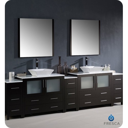 Fresca FVN62-108ES-VSL Torino 108" Double Sink Modern Bathroom Vanity with 3 Side Cabinets and Vessel Sinks in Espresso