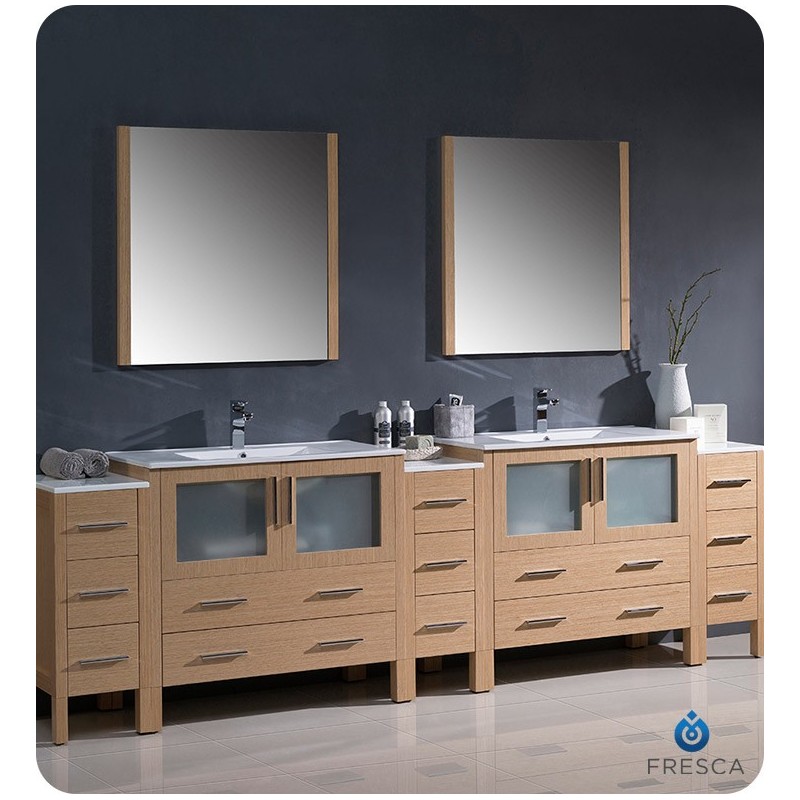 Fresca FVN62-108LO-UNS Torino 108" Double Sink Modern Bathroom Vanity with 3 Side Cabinets and Integrated Sinks in Light Oak