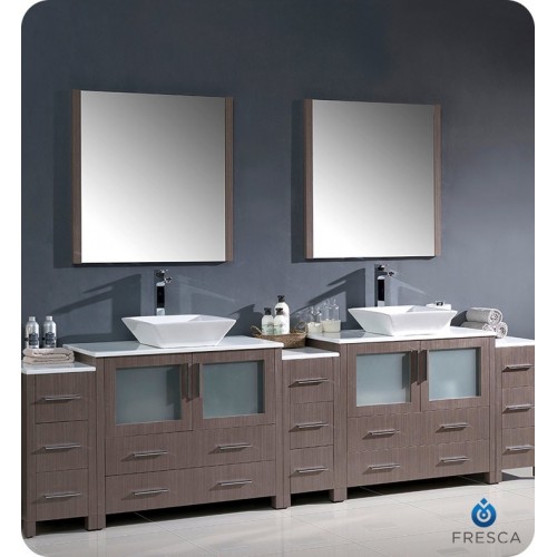 Fresca FVN62-108GO-VSL Torino 108" Double Sink Modern Bathroom Vanity with 3 Side Cabinets and Vessel Sinks in Gray Oak