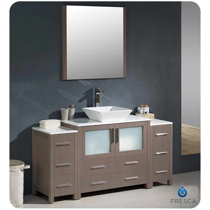 Fresca FVN62-123612GO-VSL Torino 60" Modern Bathroom Vanity with 2 Side Cabinets and Vessel Sink in Gray Oak
