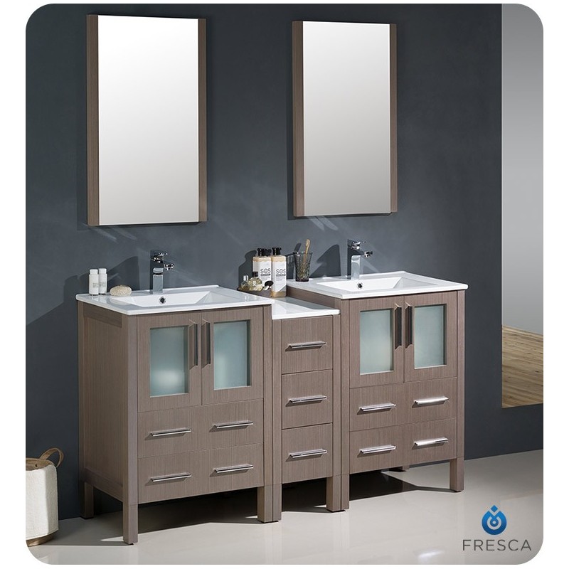 Fresca FVN62-241224GO-UNS Torino 60" Double Sink Modern Bathroom Vanity with Side Cabinet and Integrated Sinks in Gray Oak