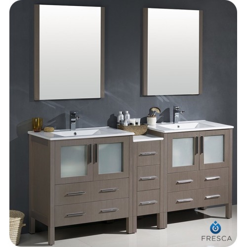 Fresca FVN62-301230GO-UNS Torino 72" Double Sink Modern Bathroom Vanity with Side Cabinet and Integrated Sinks in Gray Oak