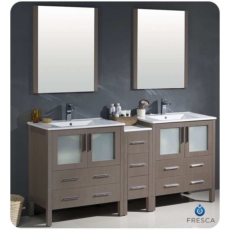 Fresca FVN62-301230GO-UNS Torino 72" Double Sink Modern Bathroom Vanity with Side Cabinet and Integrated Sinks in Gray Oak