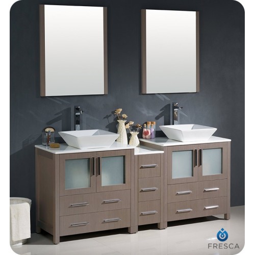 Fresca FVN62-301230GO-VSL Torino 72" Double Sink Modern Bathroom Vanity with Side Cabinet and Vessel Sinks in Gray Oak