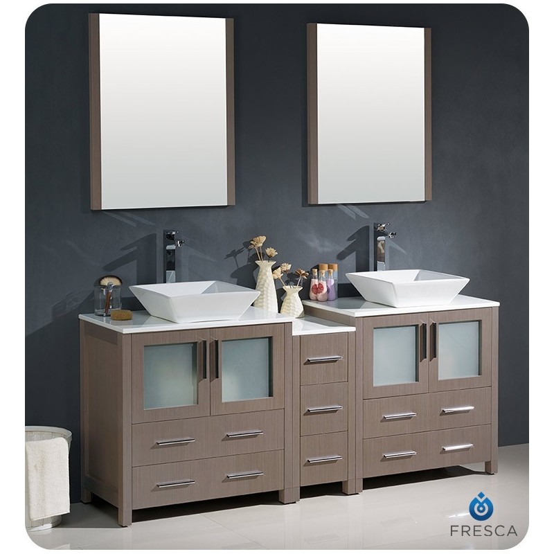 Fresca FVN62-301230GO-VSL Torino 72" Double Sink Modern Bathroom Vanity with Side Cabinet and Vessel Sinks in Gray Oak