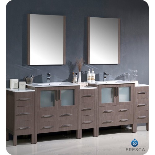 Fresca Torino 96" Gray Oak Modern Double Sink Bathroom Vanity w/ 3 Side Cabinets & Integrated Sinks