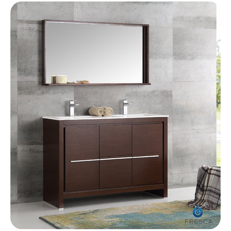 Fresca FVN8148WG-D Fresca Allier 48" Wenge Brown Modern Double Sink Bathroom Vanity with Mirror