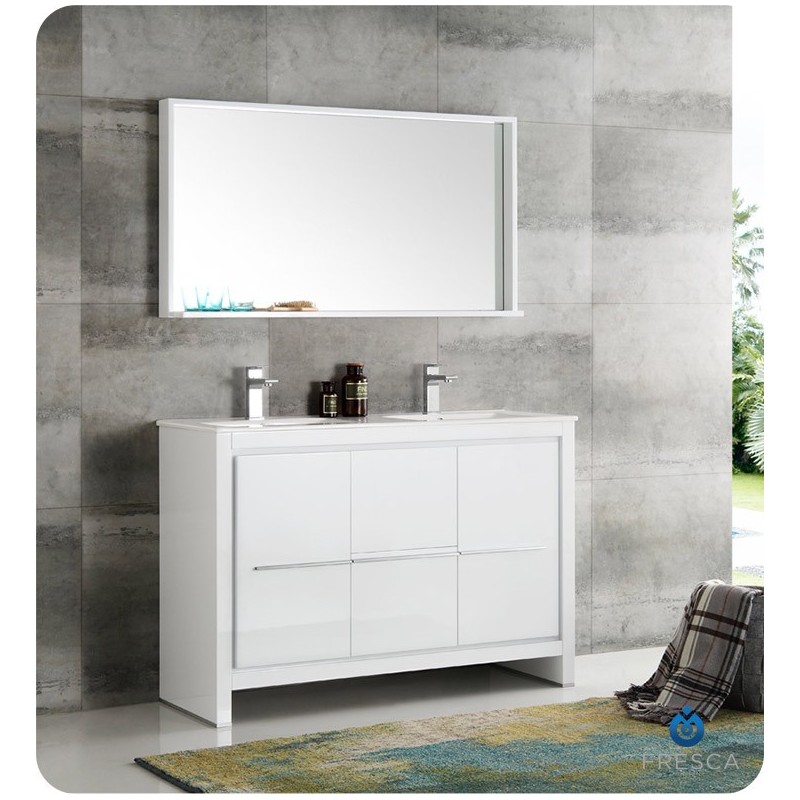Fresca FVN8148WH-D Fresca Allier 48" White Modern Double Sink Bathroom Vanity with Mirror