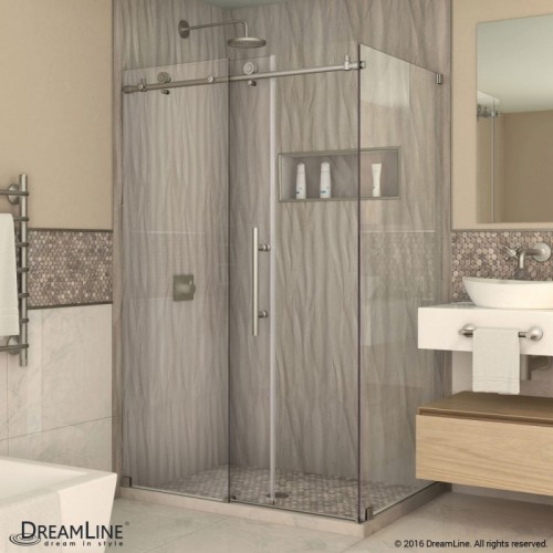 DreamLine Enigma-X 34 1/2" by 48 3/8" Fully Frameless Sliding Shower Enclosure, Clear 3/8" Glass Shower, Polished Stainless Steel Finish