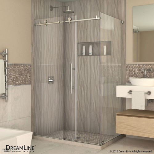 DreamLine Enigma-X 34 1/2" by 60 3/8" Fully Frameless Sliding Shower Enclosure, Clear 3/8" Glass Shower, Brushed Stainless Steel Finish
