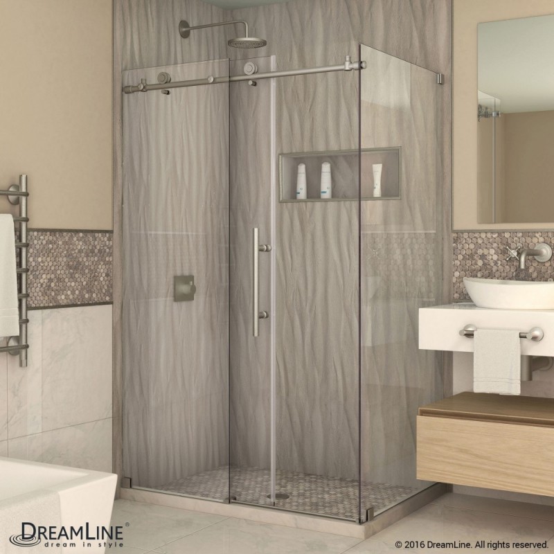 DreamLine Enigma-X 34 1/2" by 60 3/8" Fully Frameless Sliding Shower Enclosure, Clear 3/8" Glass Shower, Polished Stainless Steel Finish