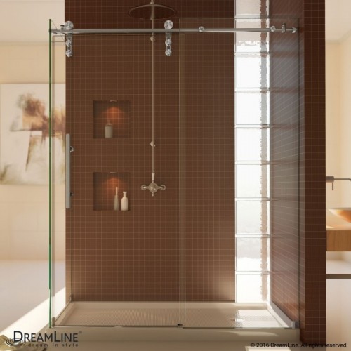 DreamLine Enigma-Z 34 1/2" by 60 3/8" Fully Frameless Sliding Shower Enclosure, Clear 3/8" Glass Shower, Brushed Stainless Steel Finish