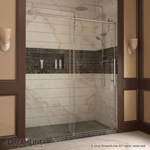 DreamLine Enigma-Z 44 to 48" Fully Frameless Sliding Shower Door, Clear 3/8" Glass Door, Brushed Stainless Steel Finish