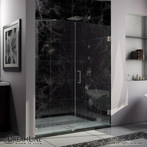 DreamLine UnidoorLux 53" Frameless Hinged Shower Door, Clear 3/8" Glass Door, Brushed Nickel Finish