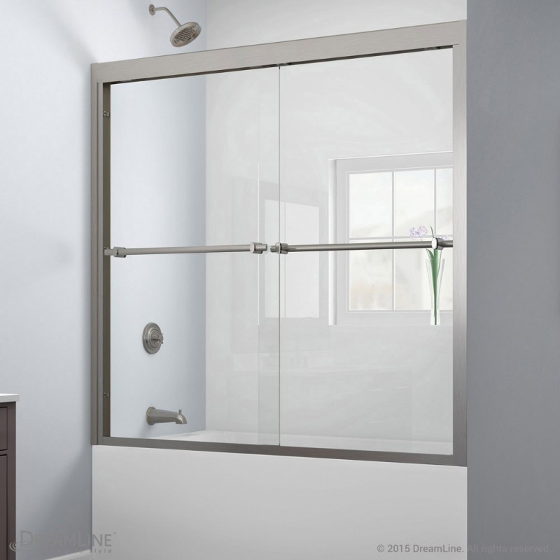 DreamLine Duet 56 to 59" Frameless Bypass Sliding Tub Door, Clear 5/16" Glass Door, Brushed Nickel Finish