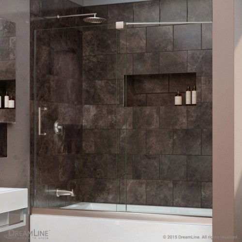 DreamLine Mirage 56 to 60" Frameless Sliding Tub Door, Clear 3/8" Glass Door, Brushed Nickel Finish