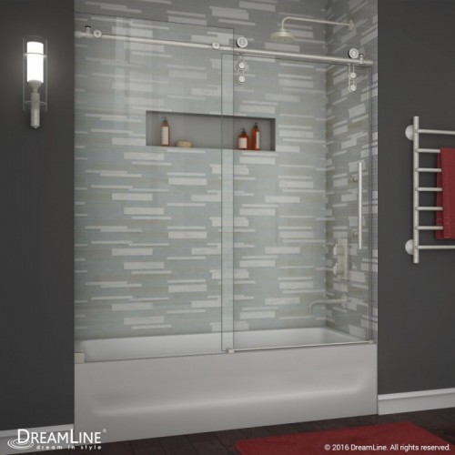 DreamLine Enigma-Z 56 to 59" Frameless Sliding Tub Door, Clear 3/8" Glass Door, Brushed Stainless Steel Finish