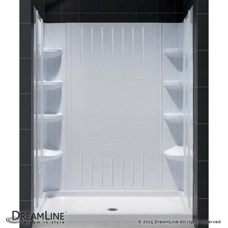 DreamLine SlimLine 32" by 60" Single Threshold Shower Base Center Drain and QWALL-3 Shower Backwall Kit