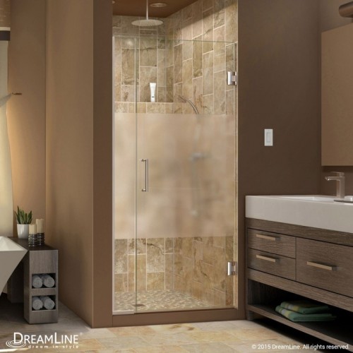 DreamLine Unidoor Plus Min 33" to Max 33-1/2" W x 72 in. H Hinged Shower Door, Half Frosted Glass Door, Brushed Nickel Finish Hardware