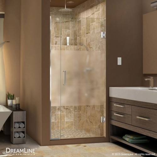 DreamLine Unidoor Plus Min 34-1/2" to Max 35" W x 72 in. H Hinged Shower Door, Half Frosted Glass Door, Chrome Finish Hardware