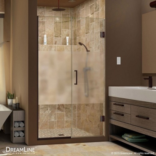 DreamLine Unidoor Plus Min 46" to Max 46-1/2" W x 72 in. H Hinged Shower Door, Half Frosted Glass Door, Oil Rubbed Bronze Finish Hardware