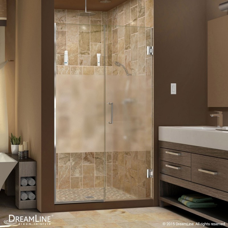 DreamLine Unidoor Plus Min 49-1/2" to Max 50" W x 72 in. H Hinged Shower Door, Half Frosted Glass Door, Chrome Finish Hardware