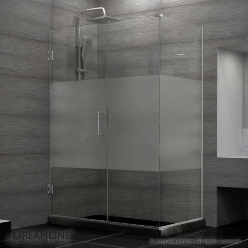 DreamLine Unidoor Plus 55-1/2 in. W x 30-3/8 in. D x 72 in. H Hinged Shower Enclosure, Half Frosted Glass Door, Chrome Finish Hardware