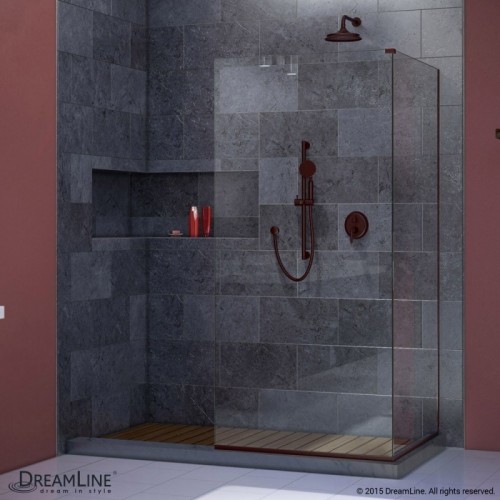 Linea Frameless Shower Door. Two Attached Glass Panels: 34 in. x 72 in. and 30 in. x 72 in. Oil Rubbed Bronze