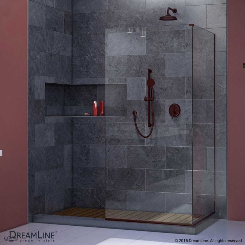 Linea Frameless Shower Door. Two Attached Glass Panels: 34 in. x 72 in. and 30 in. x 72 in. Oil Rubbed Bronze