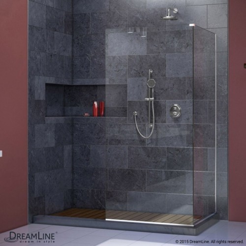 Linea Frameless Shower Door. Two Attached Glass Panels: 34 in. x 72 in. Chrome Finish