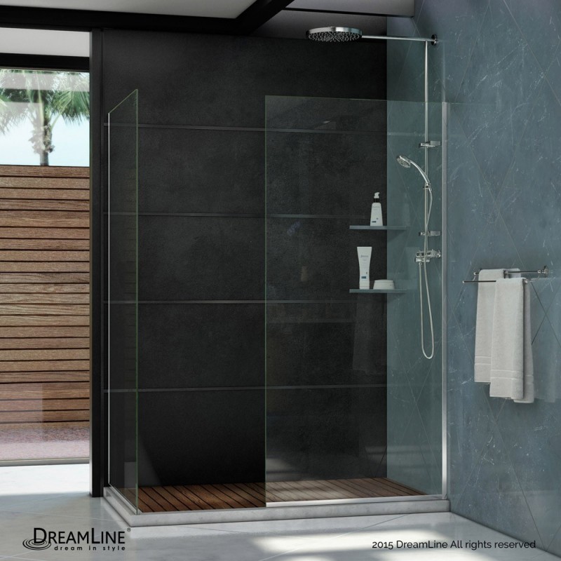 Linea Frameless Shower Door. Two Glass Panels: 30 in. x 72 in. and 34 in. x 72 in. Chrome Finish