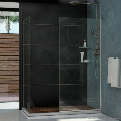 Linea Frameless Shower Door. Two Glass Panels: 30 in. x 72 in. and 34 in. x 72 in. Brushed Nickel Finish