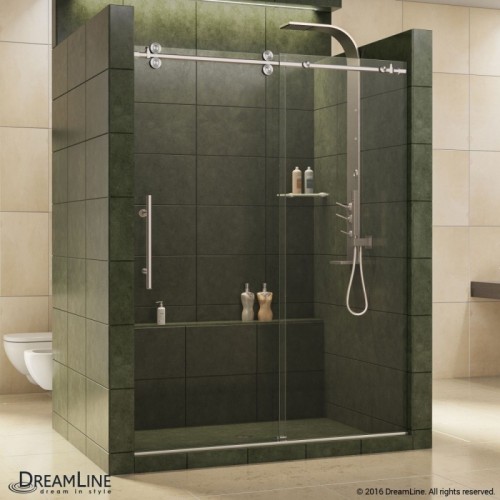DreamLine Enigma 56 to 60" Fully Frameless Sliding Shower Door, Clear 1/2" Glass Door, Brushed Stainless Steel Finish