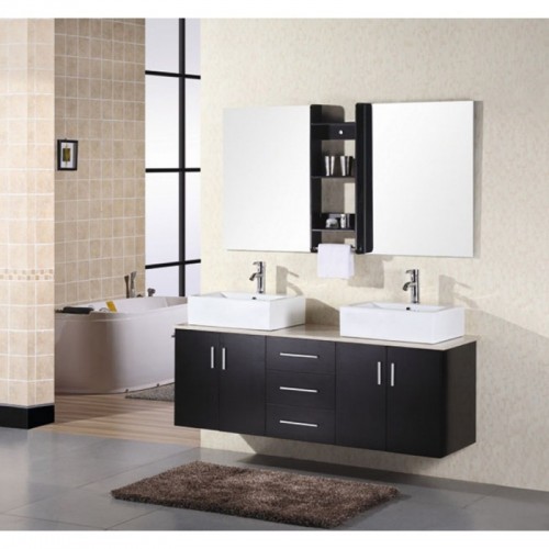Portland 61" Double Sink - Wall Mount Vanity Set in Espresso